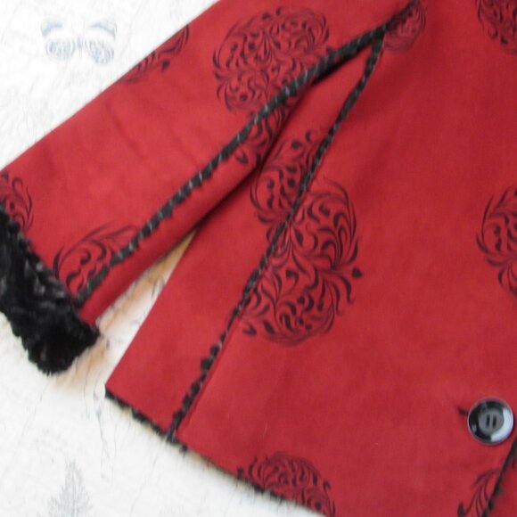 ROBERT KITCHEN Red Faux Suede Black Fur Reversible Jacket Boho Lagenlook XL - Picture 3 of 9